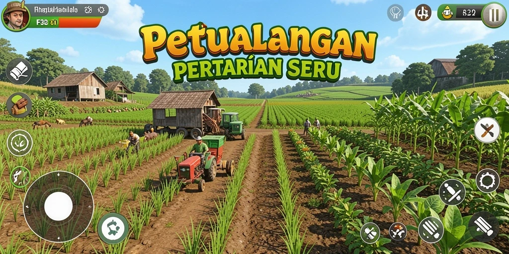 Tampilan gameplay F32 dengan aktivitas bertani yang menarik.