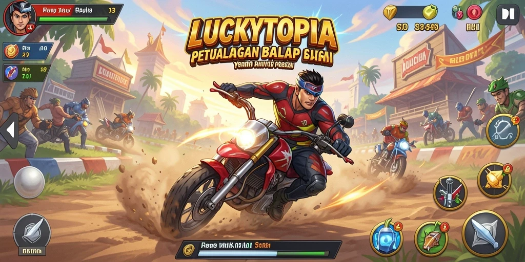 Screenshot gameplay LUCKYTOPIA dengan aksi balapan mendebarkan.