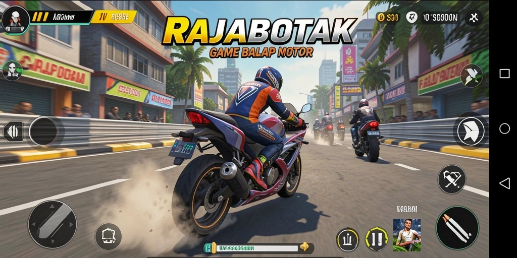 Screenshot gameplay RAJABOTAK menampilkan aksi balap motor yang mendebarkan.