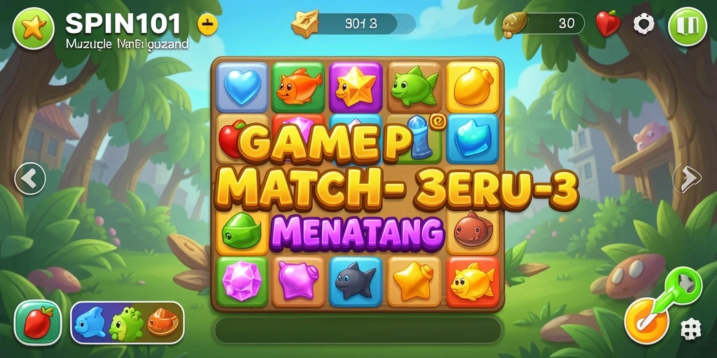 Screenshot gameplay SPIN101 yang menunjukkan elemen match-3 yang menarik.